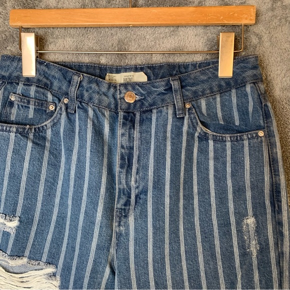 TOPSHOP MOTO Mum Jeans 30/30 100% Cotton Blue White Stripe Shredded Distressed - Picture 3 of 15